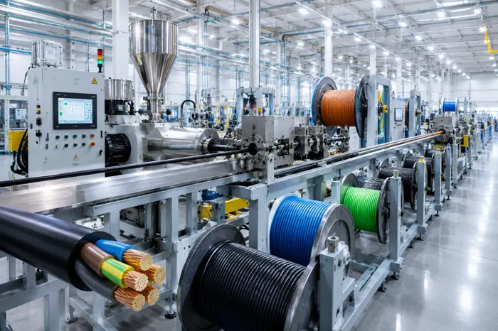 Cable extrusion line with spools