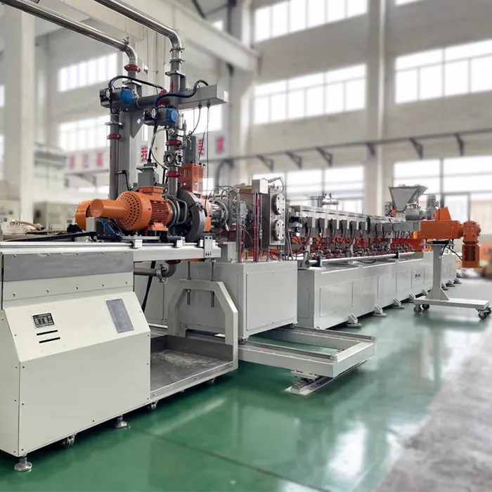 Twin screw extrusion line on the factory floor