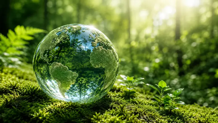 Glass globe covered in moss resting in a sunlit forest