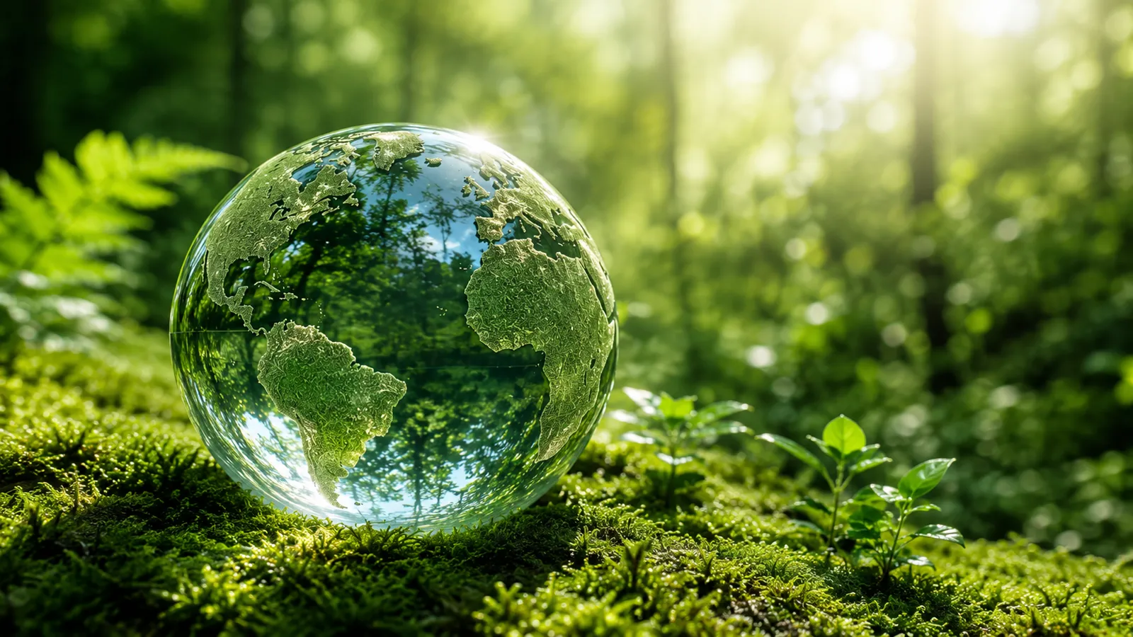 Glass globe covered in moss resting in a sunlit forest