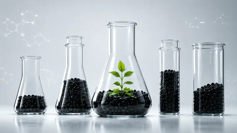 Laboratory flasks holding recycled granulate and a young plant