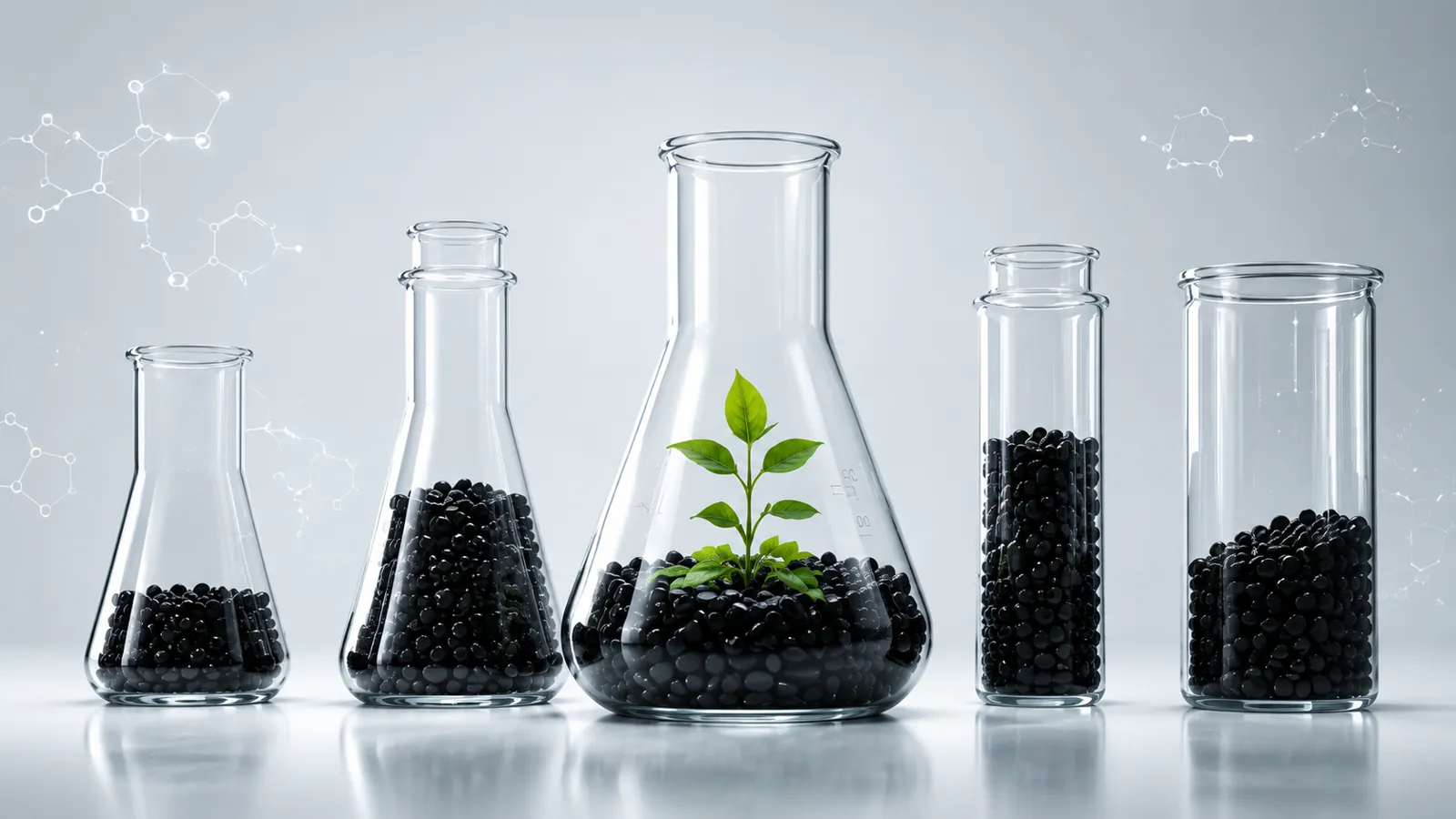 Laboratory flasks holding recycled granulate and a young plant