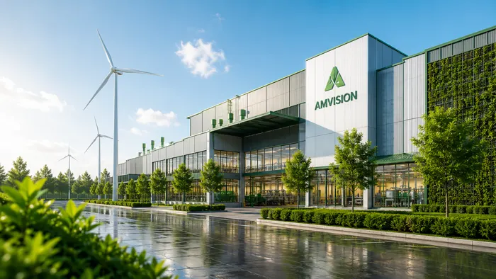 AMVISION production plant with wind turbines behind it