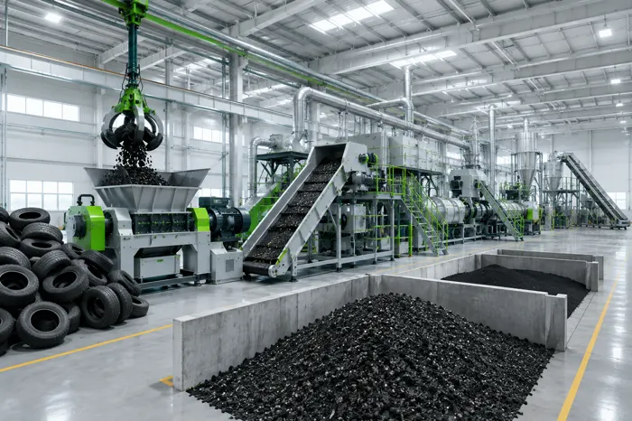 End-of-life tyres feeding a shredding line
