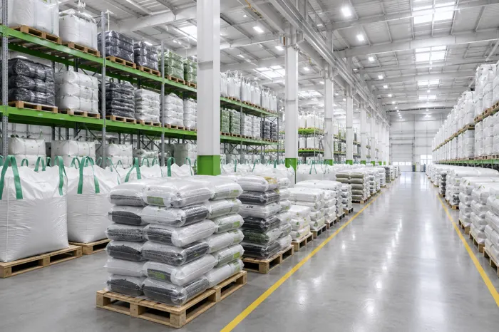 Warehouse stacked with bagged compound ready for shipment